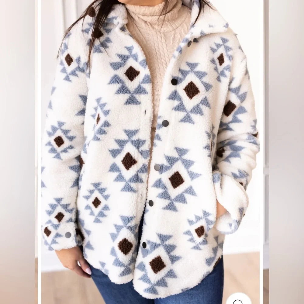Grace & Emma "She Could Be The One" ivory aztec pattern sherpa jacket. 2XL. NWT - Picture 3 of 14